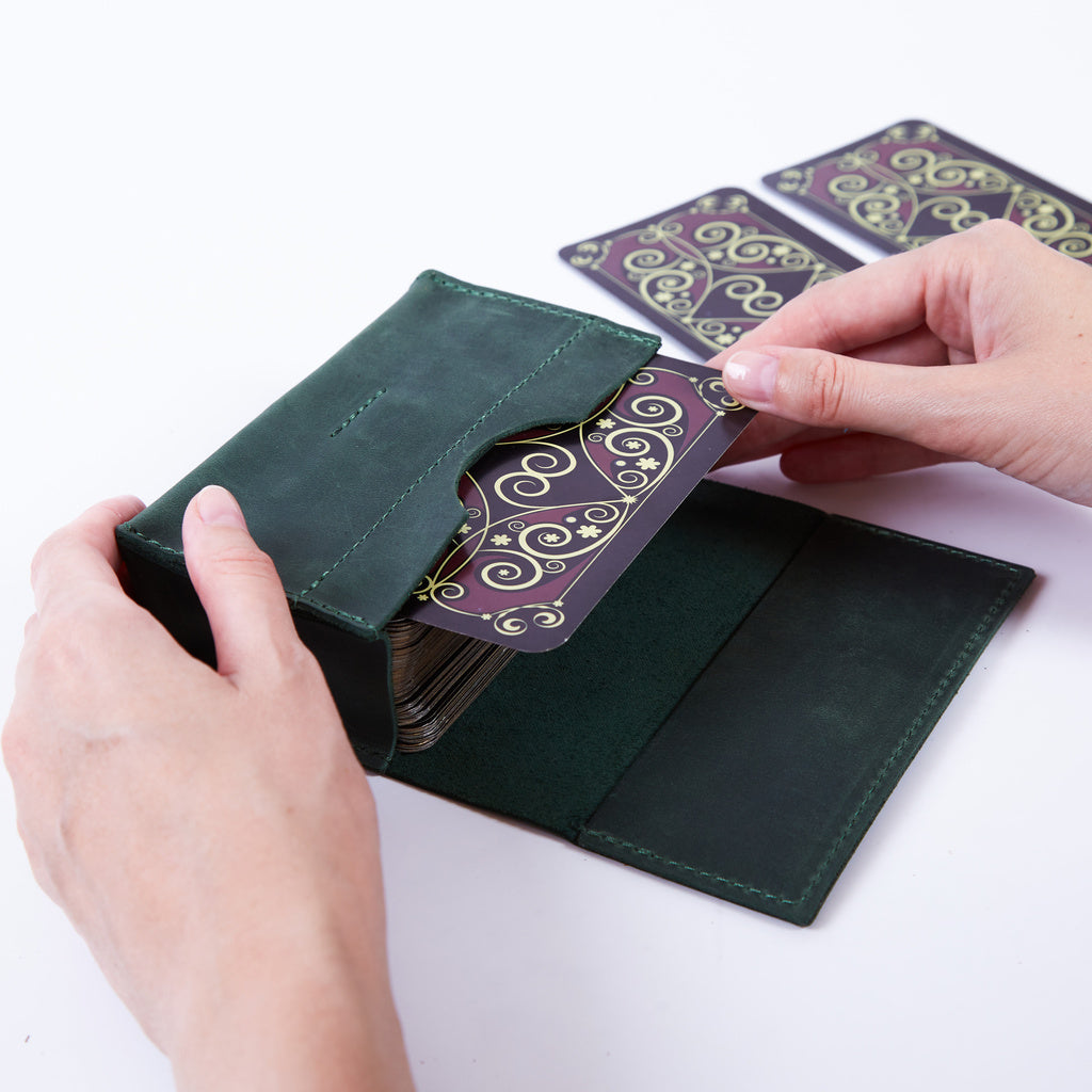 Horizontal tarot bag with magnetic clasp made from vintage leather