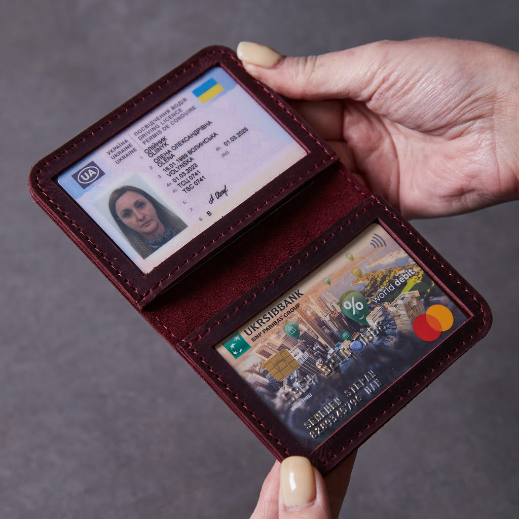 Leather holder for ID card and driver's license